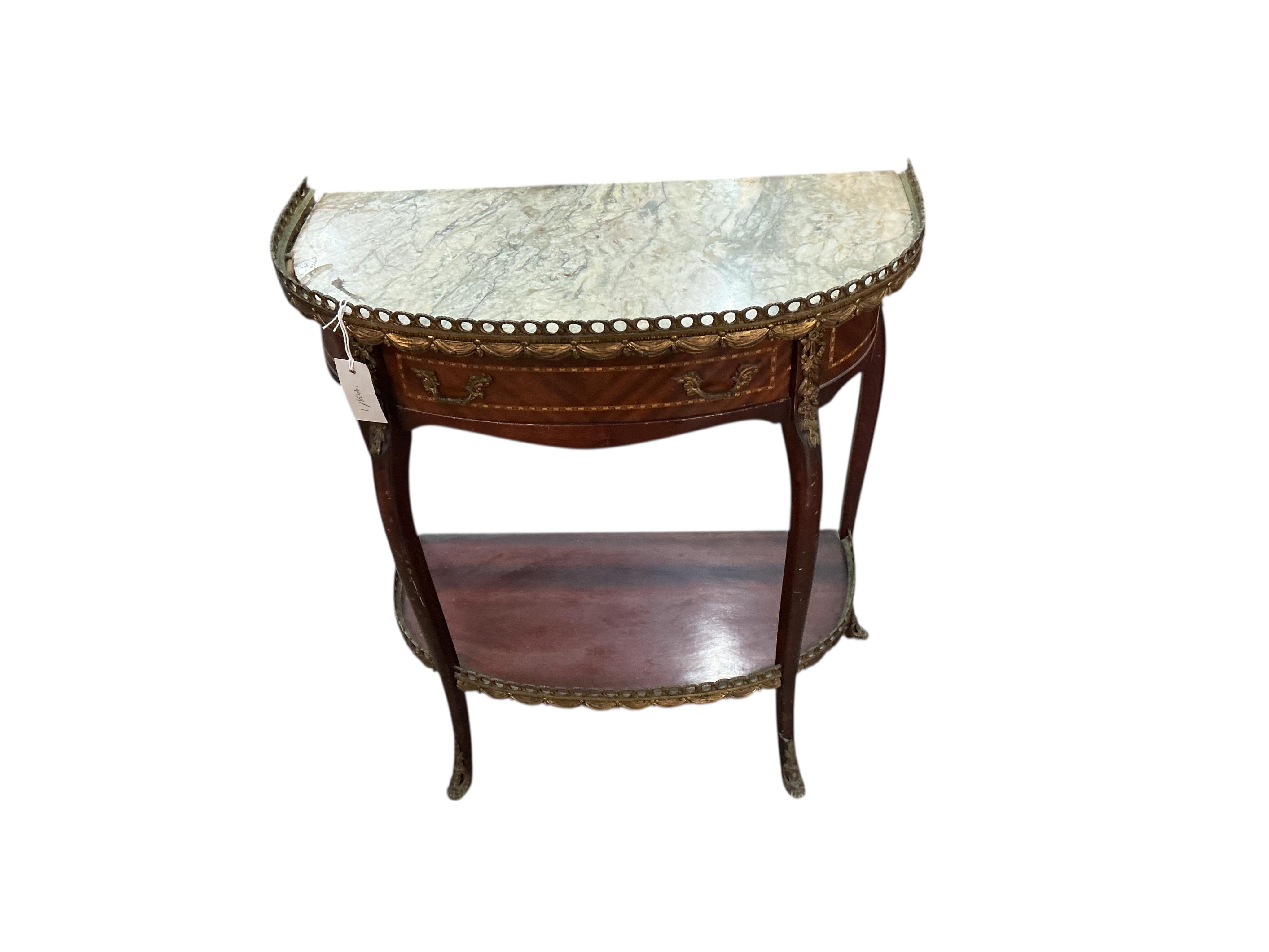 A Louis XVI style D shape marble top gilt metal mounted two tier table, width 64cm, depth 31cm, height 73cm